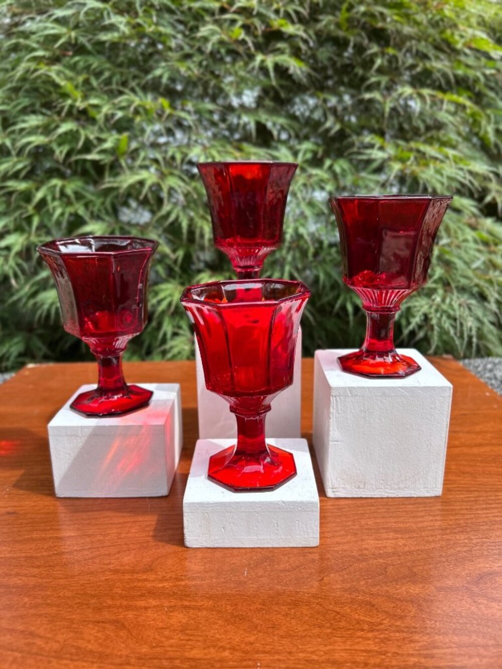 Ruby Red Octagonal Independence Glass Cordials.